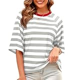 Actcat 2025 Spring Striped Tops for Women Color Block T-Shirts Y2K Basic Tee Fashion Crewneck Blouse(Gray,X-Large)