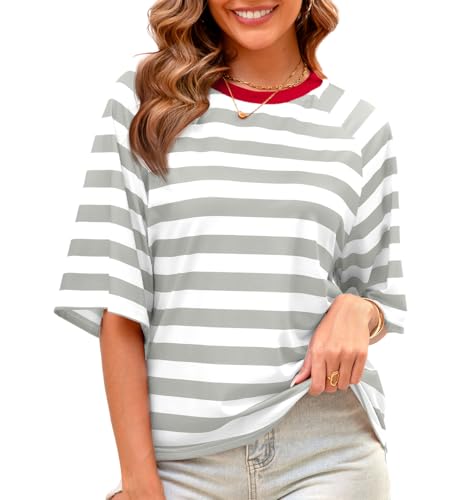 Actcat 2025 Spring Striped Tops for Women Color Block T-Shirts Y2K Basic Tee Fashion Crewneck Blouse(Gray,X-Large)