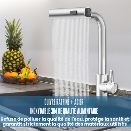 Robinet de cuisine extensible BAIFULAI mitigeur d'évier cascade acier inoxydable - 7