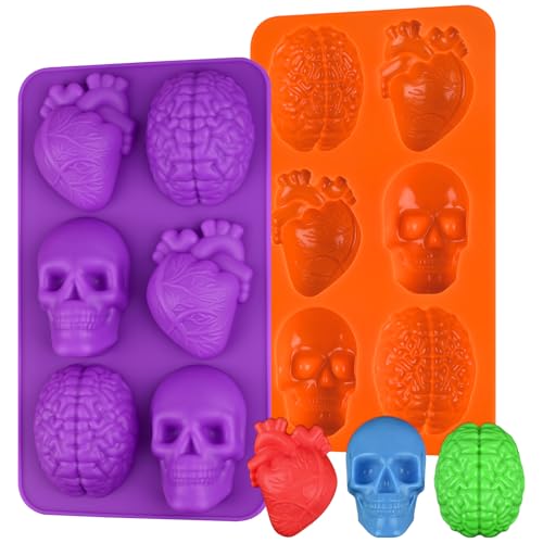 HUAKENER Brain+Heart+Skull Cake Mold, 2 Pack Halloween Human Organ Jello Mold, Halloween Silicone Molds for Mini Cakes, Jello, Chocolate, Brownies, Soap  