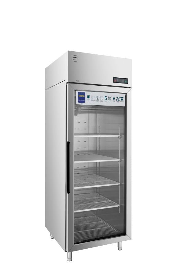 METRO Professional Congelador Vertical con Puerta de Cristal GFR2700G, 450L, con Cerradura, 73x80.5x209cm, 5 Estantes, Plata
