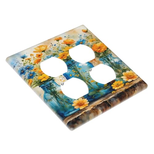 Decorative Outlet Covers Rustic Yellow Flowers Floral Blue Bottles 2 Gang Wall Plate Cover Double Duplex Receptacle Two Switch Light Switch Cover Plate Jumbo Dual Faceplate