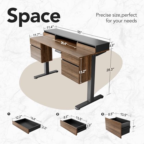 Image of HUANUO Electric Standing Desk with 6 Drawers, 55 Inch Height Adjustable Stand Up Desk with Storage, Computer Workstation Compatible with Monitor Stand for Home Office, Black Walnut