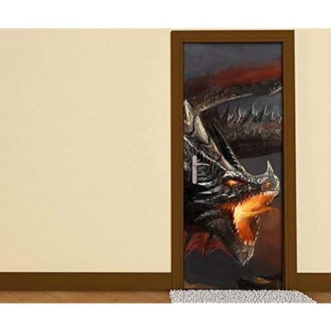 Türaufkleber 3D Dragon Drache Feuer Flamme Monster Kopf Flügel Kinderzimmer Tür Folie Bild Türposter Türfolie Türtapete Türbild selbstklebend bunt Druck Aufkleber sticker 15B001 Cover