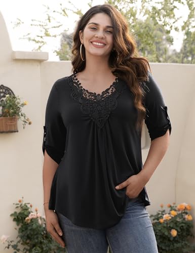 Tralilbee Women's Plus Size Tunic Tops 3/4 Roll Sleeve Shirts Lace Crochet V Neck Casual Blouses2