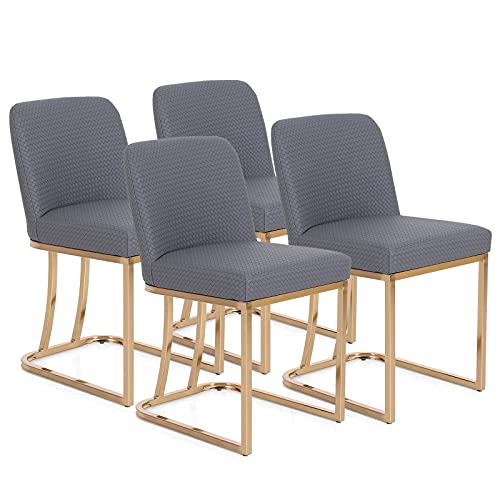 ALPHA HOME Set of 4 Dining Room Chair Upholstered Living Room Side Chair Solid PU Leather with Cushion Gold Metal Frame,Grey.