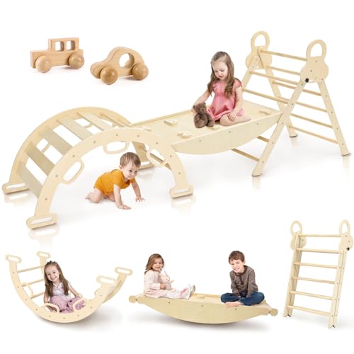 Image of Pikler Triangle Set for Baby, Child 8 in 1 Montessori Extra Large, Climbing Toys for Toddlers 1-6 Inside with Arch, Ramp, and Foldable Climbing Triangle Indoor Playground, Wooden Toddler Climbing Toys
