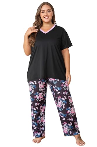 Image of Vozanet Women's Pajama Sets Short Sleeve with Long Pant Soft Sleepwear Printed pj Loungewear With TWO Pockets Size 1X to 5X