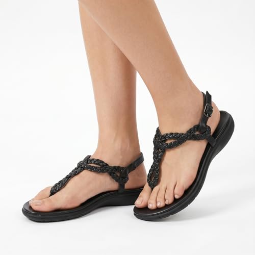 Image of UBFEN Womens Flat Sandals Dress Braided T-Strap Thong Sandals with Arch Support Comfortable for Walking