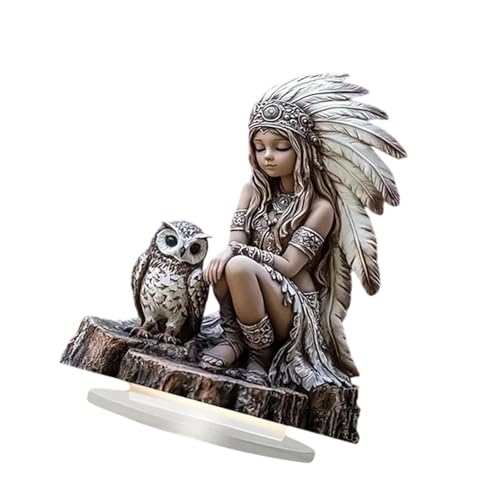 Statue de hibou de fille indienne ornement plat acrylique figurine amerindienne pour salon