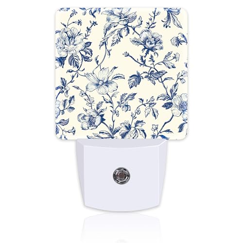 Image of Vintage Blue Flowers Night Light, Abstract Botanical Floral Leaves Dusk to Dawn Night Light Plug in, 0.5w Energy Saving Sleep Friendly NightLight for Kids Boys Girls Home Decor
