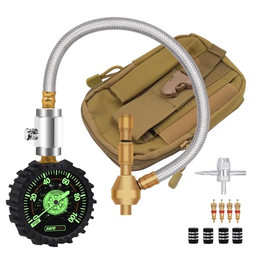 Image of Tire Deflator with Pressure Gauge (0-100psi) Adjustable Tire Air Down Tool - Large 2.5 inch Easy Read Glow Dial & Solid Brass Hardware - Rapid 4x4 Offroad Deflator Kit for Jeep, Truck or ATV