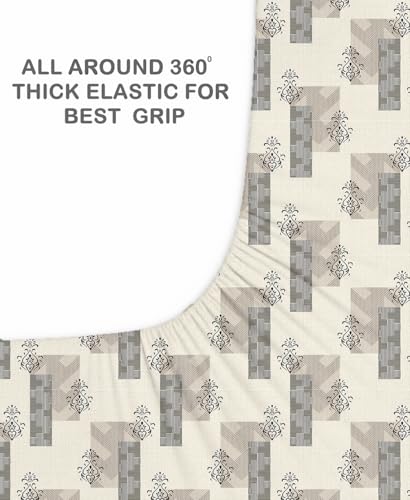 Image of DECOREZA Premium Cotton Feel Elastic Fitted Bedsheet Queen Size 60 x 78 Inch with 2 Pillow Covers | All-Around Elastic | Soft & Breathable | Mattress Upto 10 Inches (Cream Lines)