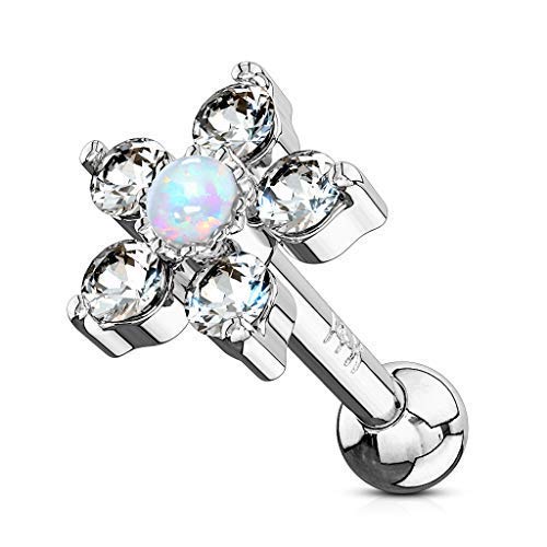 Tapsi´s Coolbodyart®| Ohr Cartilage Tragus Barbell 14 Karat Weißgold Blume Zirkonia/Opal Cover
