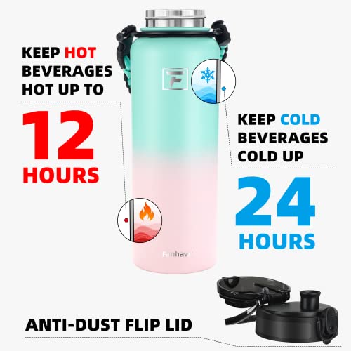 Fanhaw Insulated Water Bottle With Chug Lid - 40 Oz Double-Wall Vacuum Stainless Steel Reusable Leak & Sweat Proof Sports Water Bottle Dishwasher Safe With Anti-Dust Wide Mouth Lid (Green Pink) #TOP2