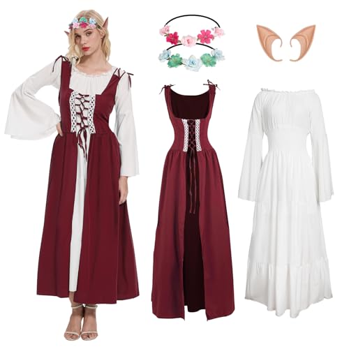 YRTBGD Mittelalter Kleidung Damen,Renaissance Kleid mit Elfenohren Waldelfen Kopfschmuck-Halloween Karneval Kostüm Damen (Rot, S)