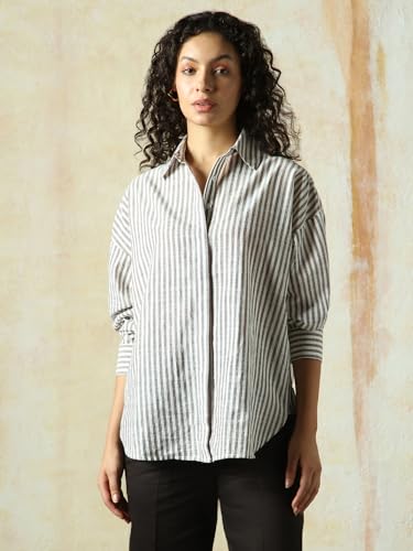 Image of HIGH Star Oversized Striped Cotton Shirt for Women | Stylish Tops for Women | Comfortable and Trendy Casual Shirt