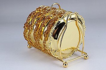 SMKF Collection 6 Piece Coaster Creative Drink Coasters with Decorative Rack Non-Slip Metal Cup Mats Tabletop Display with Holder for Bar,Home, Kitchen,Coffee Table Centerpieces Decoration (Golden)
