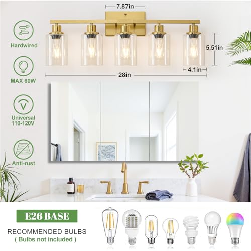 Image of MOKATNG 5-Light Bathroom Light Fixtures, Vanity Light with Clear Glass Shades, Brushed Gold Bathroom Light Fixtures Over Mirror, Modern Bathroom Wall Lamp for Mirror Living Room Cabinet Bedroom