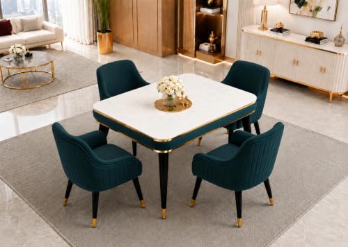 Image of WOODEN SPACE 4 Seater Wooden Dining Table Set | Urban Marble Top Dining Table with Chairs for Dining Room & Kitchen (Modern Zyro Sea Blue) (54 x 36 x 30 inch)