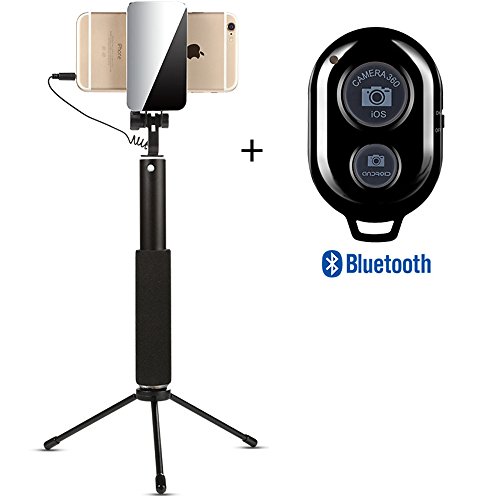 GOGODOG Palos Selfie Conexión inalámbrica Universal Bluetooth Control de Cable 360 ° de rotación Espejo Trasero Aleación de Aluminio Longitud retráctil Luz de Relleno Temporizador automático (Negro) Cover