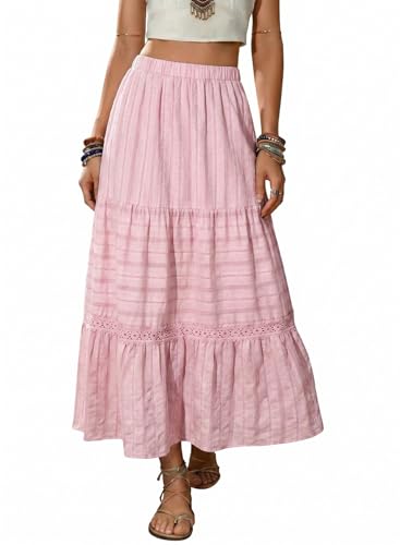 BLENCOT Womens Maxi Skirt Elastic High Waist Flowy A-Line Bohemian Crochet Lace Long Skirts for Women Summer Beach Vacation Pink Medium