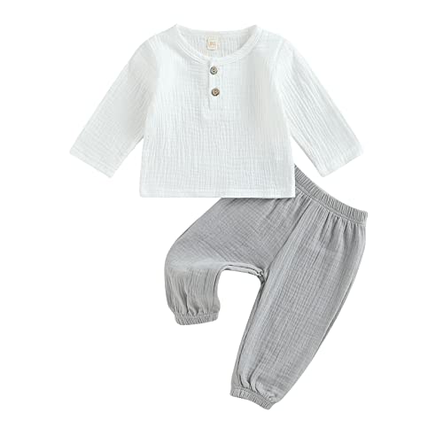 2Pcs Toddler Baby Boy Girl Clothes Cotton Linen Outfit Solid Color Long Sleeve T-Shirt Tops Elastic Waist Pants Set (Grey, 18-24 Months)