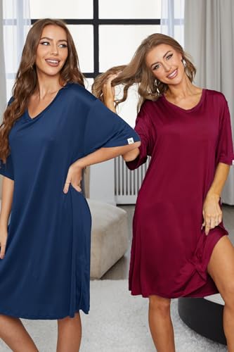 Image of ft FENTENG 2-Pack Women's Nightgowns Short Sleeve Nightshirt V Neck Soft Sleepwear Casual Sleepshirts Loose Pajama Dress