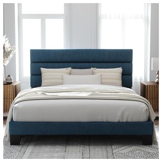 Allewie King Size Platform Bed Frame with Fabric Upholstered Headboard and Wooden Slats Support, Fully Upholstered Mattress Foundation/No Box Spring Needed/Easy Assembly, Navy Blue