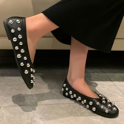 Women's Black Rivet Embellished Ballet Flats, Comfortable Slip-On Casual Shoes with Rubber Sole, All-Season Solid Color Footwear2