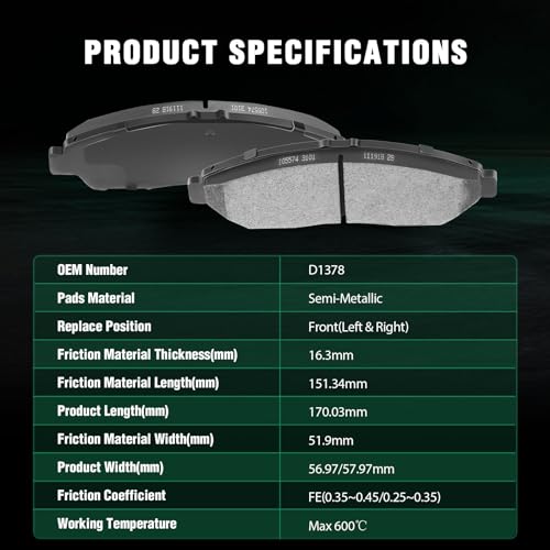 Image of AUTOMUTO 4PCS Front Semi-Metallic Disc Brake Pads Set D1378 For Acura MDX 2007-2019, For Acura ZDX 2010-2013, For Honda Pilot 2009-2019, For Honda Ridgeline 2017-2019