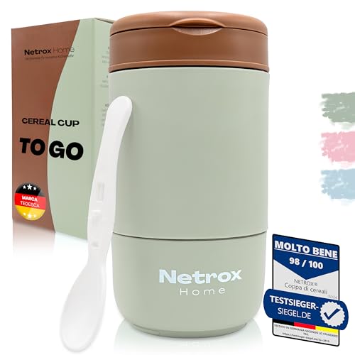 Netrox - Tazza Cereali To Go Con cucchiaio e contenitore estraibile - Contenitore Yogurt da asporto - Per zuppe yogurt muesli - Anche per i bambini - tazza portatile, contenitore, cereal cup