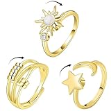VOOSFSIE 3 Piezas Ansiedad Anillos Giratorios Anillos Oro, Luna Estrella Sol Anillos Anti Estrés Ajustables en Acero Inoxidable Dorado para Alivio Ansiedad, Mujeres Hombres