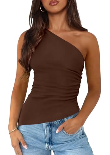 PRETTYGARDEN Womens 2026 Summer Y2K Tops Sleeveless One Shoulder Slim Fit Shirts Ruched Knit Asymmetrical Top Blouse (Brown Medium)