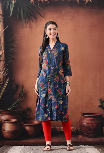Image of Ichaa Women's Pure Cotton A-Line Ethnic V-Neck Kurta with 3 /4th Sleeve for Daily and Office Wear, in Plus Sizes