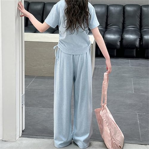 BILIKEYU Girls Summer Outfits Short Sleeve V Neck Side Pleated T Shirts and Elastic Waist Baggy Wide Leg Pants2