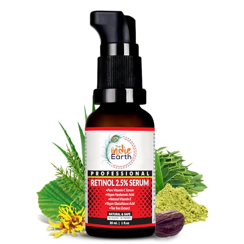 The Indie Earth Retinol 2.5% Deep Wrinkle Repair Serum With Vitamin C Serum, Vegan Glutathione, Vitamin E & Tea Tree Extract | Anti-Ageing, Best Retinol 30ml | 1 fl.oz
