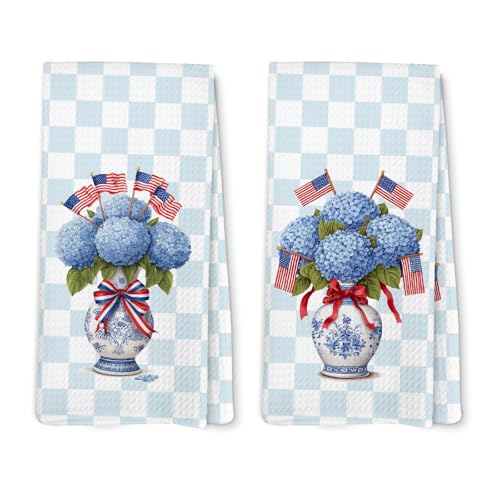 Lengues Chinoiserie Hydrangea Floral Patriotic Kitchen Towels, Patriotic Floral Hand Dish Tea Towel for Kitchen, 4th of July Independence Day Decorative Hand Towel for Bathroom 16x24inch, Set of 2