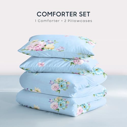 Image of Wake In Cloud - Floral Comforter Set, Shabby Chic Farmhouse Cottagecore Vintage Colorful Pastel Spring Flowers, Soft Lightweight Bedding for Women Girls, 3 Pieces, Blue, Twin /Twin XL Size