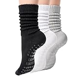 CoolMate Pilates Socks with Grips for Women, Yoga Socks, Crew Non Slip Women for Barre, Pilates Gifts (US, Numeric, 6, 10, Regular, Regular, A-11. 3 Pairs Slouch Black/White/Grey)
