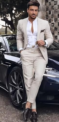Men's 2 Pieces Linen Suit Slim Fit Summer Beach Wedding Tuxedo Grooms Retro Prom Party Blazer Pants3