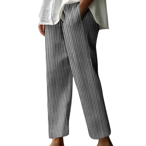 Oplxuo Striped Pants for Women High Waisted Straight Leg Cotton Linen Trendy Beach Pull On Elastic Waist Casual Lounge Pants