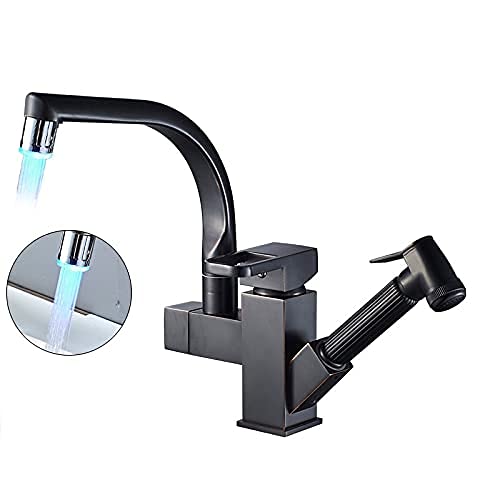 Rubinetti, Rubinetto da cucina in nichel spazzolato Beccuccio luminoso a led Estraibile Testa dello spruzzatore Rubinetto per acqua calda e fredda montato sul ponte per cucina Beccuccio luminoso a