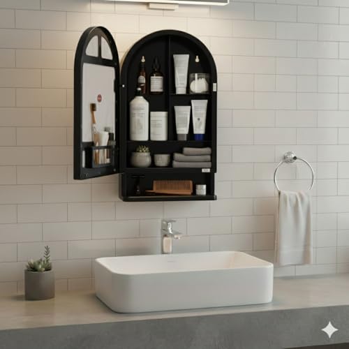 Image of BRANCO Plastic Ideal Mirror Cabinet | Multipurpose Cabinet | Wall Mounted Hanging Mirror Bathroom Accessories | Mirror Cabinet for Living Room, Bathroom, Bedroom (Black)