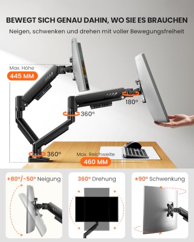 ErGear Bras Double Ecran PC, Support 2 Ecran PC Réglable de 13 à 32 Pouces, Support Ecran PC 2 Ecran à Installation Rapide avec Fixation VESA Sans Outil, Charge Maximale 9 kg, VESA Maximal 100 x 100mm - 5