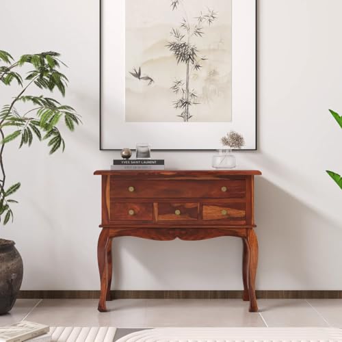 Image of WOODY Furniture Wooden Console Table for Living Room | Solid Wood Side Entrance Table for Home with 4 Drawers & Shelf Storage (Natural Finish)