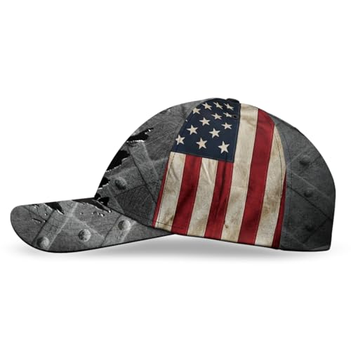 Image of Skull Baseball Cap for Men, Grim Reaper Death Crack Old Metal with Flag, Men's Hat, Adjustable Motorcycle Soft Caps