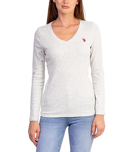 U.S. Polo Assn. USPA - Camiseta de manga larga acanalada con cuello en V, color avena jaspeado MD