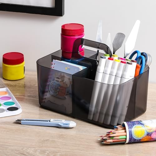 Multiuse Caddy Organizer with Handle - Stackable Plastic Bin - Divided Storage Tote Holder for Art Craft Supplies, Makeup, Bathroom, Shower, Cleaning, Kitchen, Office, Dorm, Desktop - Clear Black