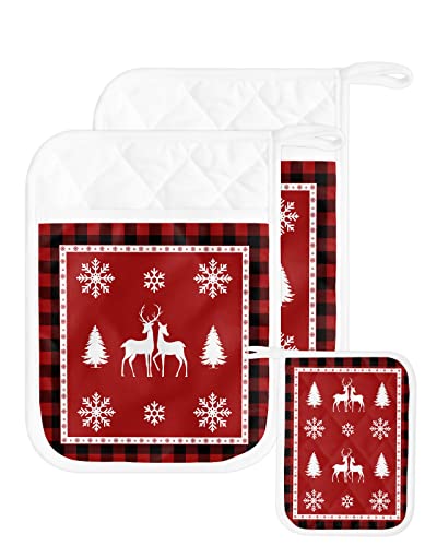 Xmas Tree Reindeer Pot Holders With Pocket For Kitchen, Heat-Resistant Potholders Set Of 2, Hot Pads Oven Mitts With Hanging Loops For Home Cooking Baking Microwave, Christmas Snwflake #TOP17